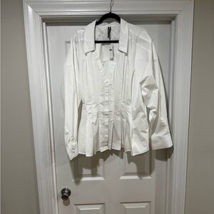 Anthropologie White Button-Down Pleated Waist Shirt, V-neck with collar 3X